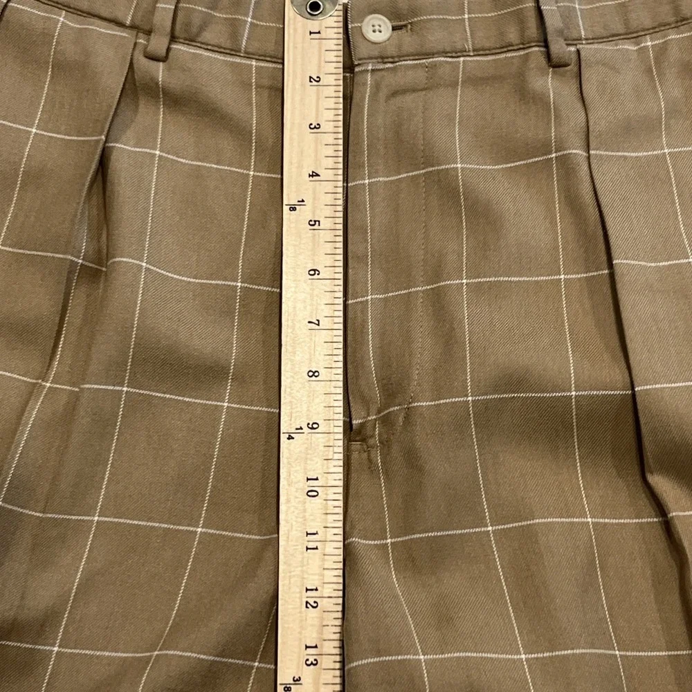 Polo Golf  Pants Mens 38/33 Brown Windowpane Pleated Wool Silk Cotton